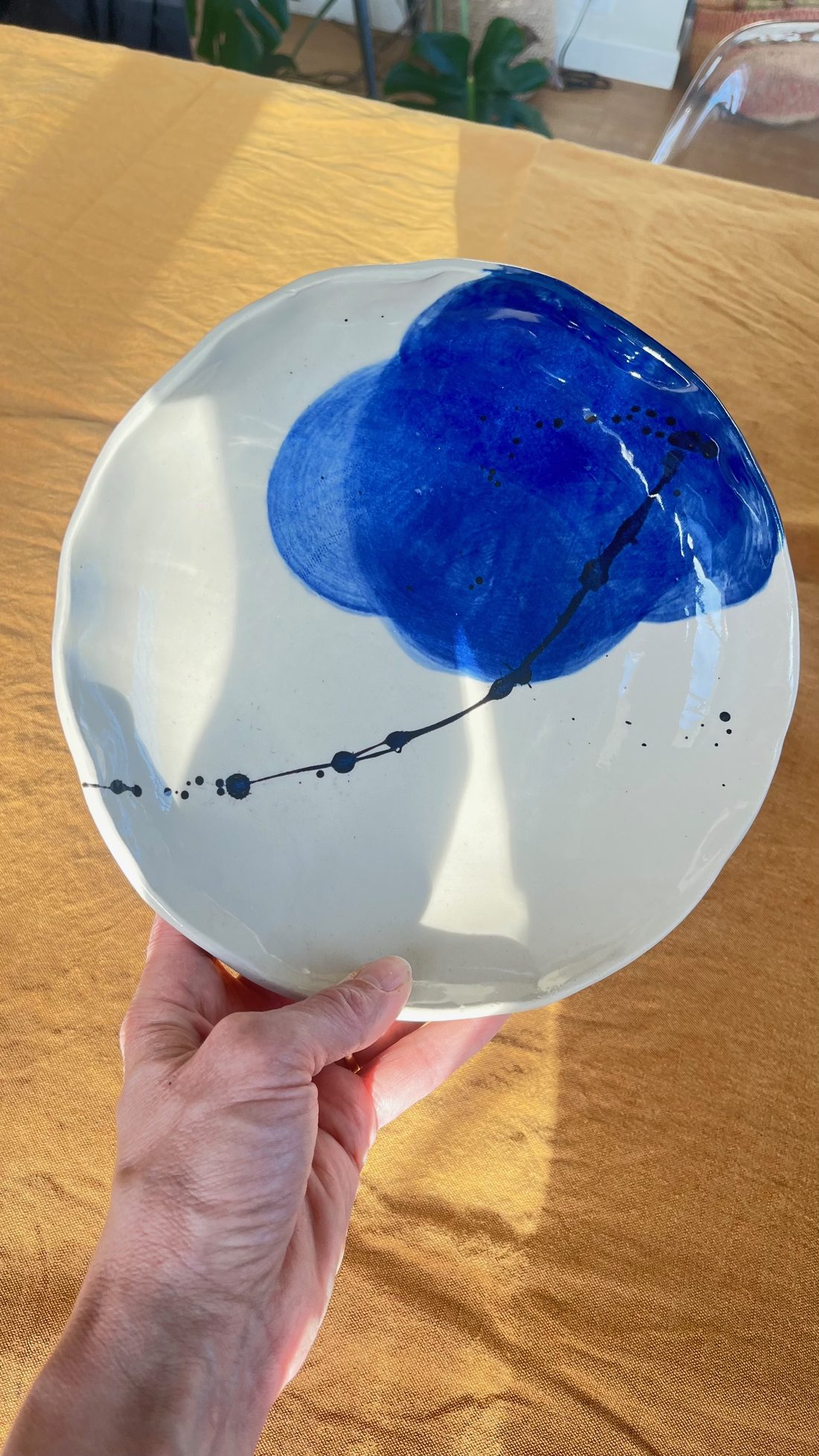 Assiette émaillée bleue tenue à la lumière